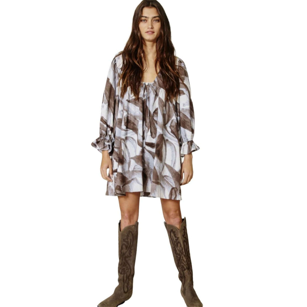 Bucket List Clothing Style# D4098 | Women's Bell Sleeve V-Neck Baby Doll Mini Dress in Marbled Print with Grey & Mocha Tones & Ruffled Cuffs