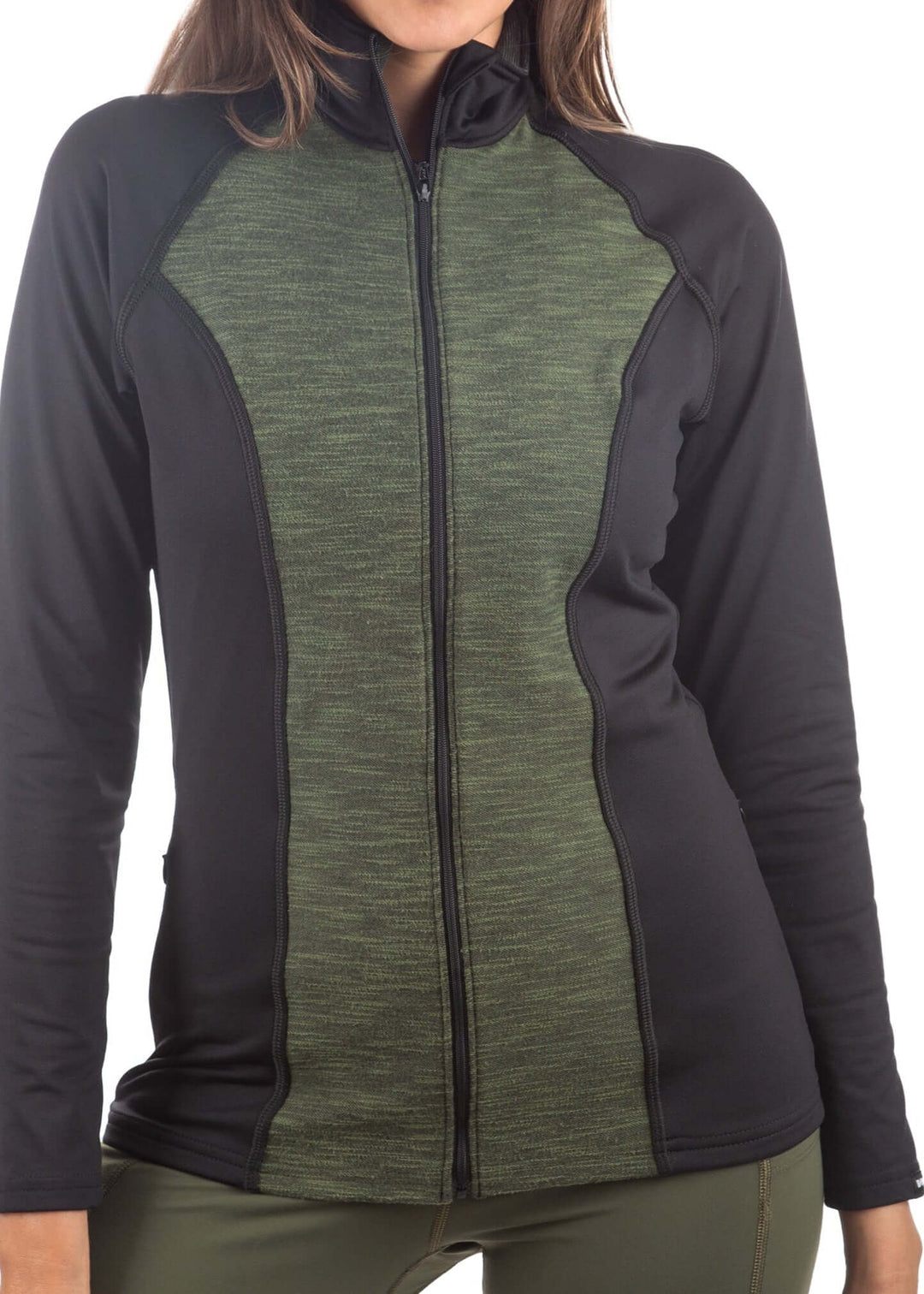 Made in USA Women's Moisture Wicking Full Zip Fitted Athletic Jacket, Machine wash, Advanced wicking properties, anti-microbial properties, and anti-snag technology ProWikMax™: 88% Polyester, 12% Spandex 4-way stretch compression for maximum comfort and performance WikMax™ material efficiently removes moisture from skin Antimicrobial technology inhibits bacterial growth and cuts down odor Brushed lining for soft hand and added warmth in Black and Army Green