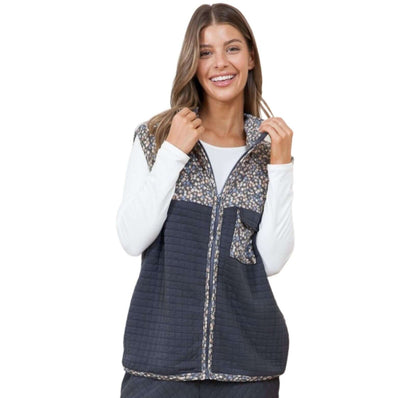 Navy Quilted Vest with Ditsy Floral Detail