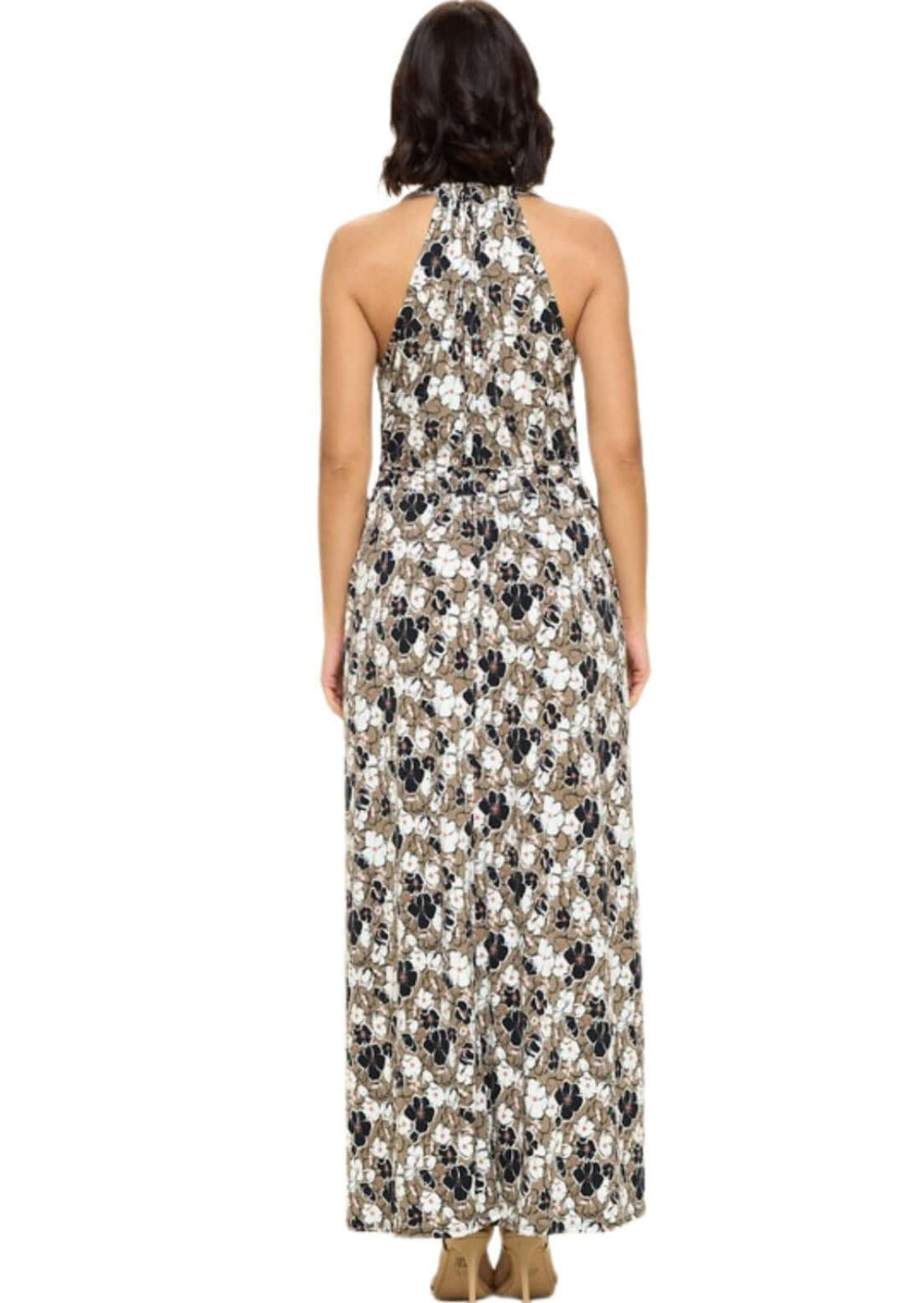 USA Made Ladies Floral Printed Halter Maxi Dress in Taupe with Black, White & Pink Floral Design | Classy Cozy Cool Women's Made in America Boutique