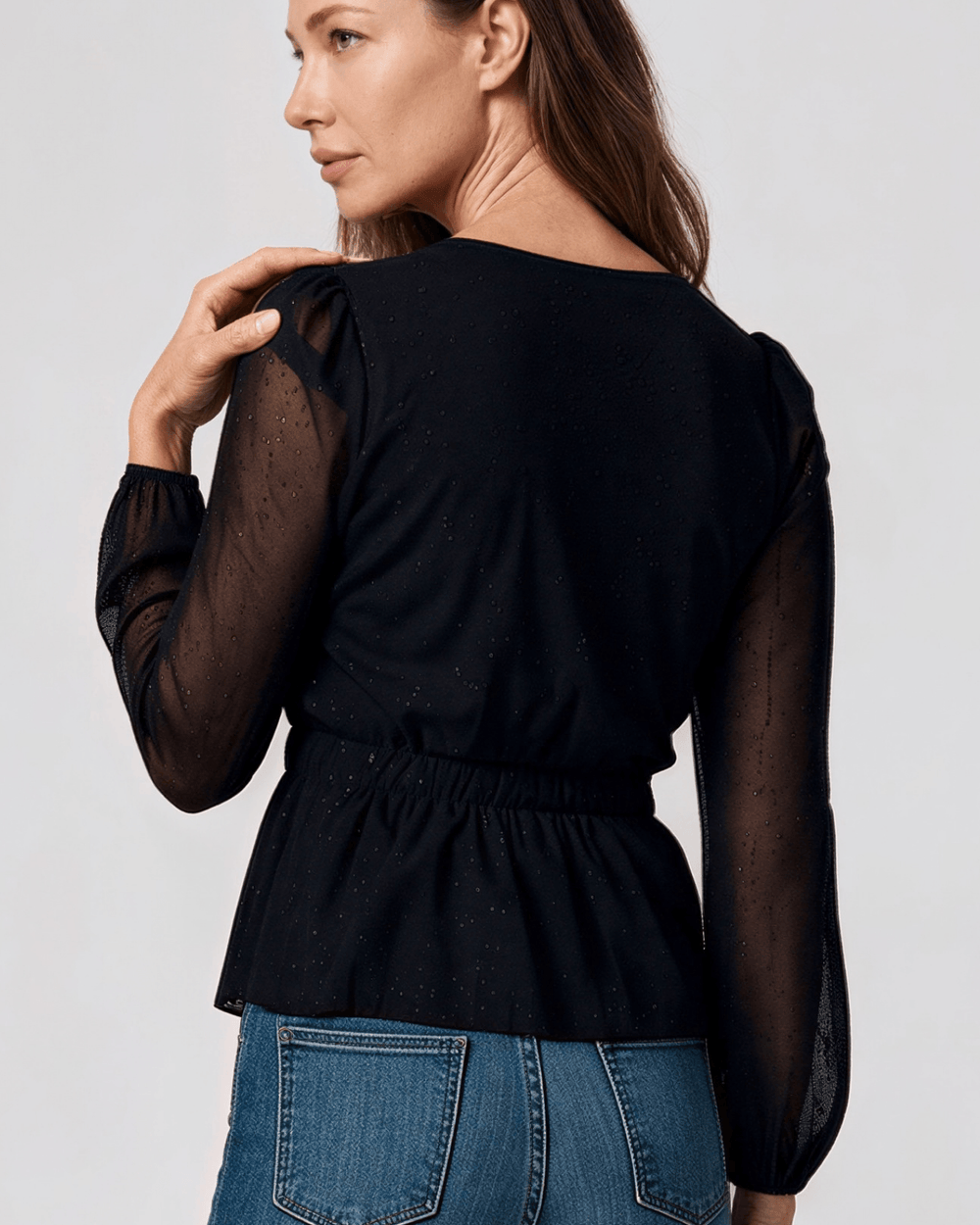 Made in USA |  Women's Peplum Style Glitter Mesh Top with Deep V-Neck & Puff Sleeves in Black 