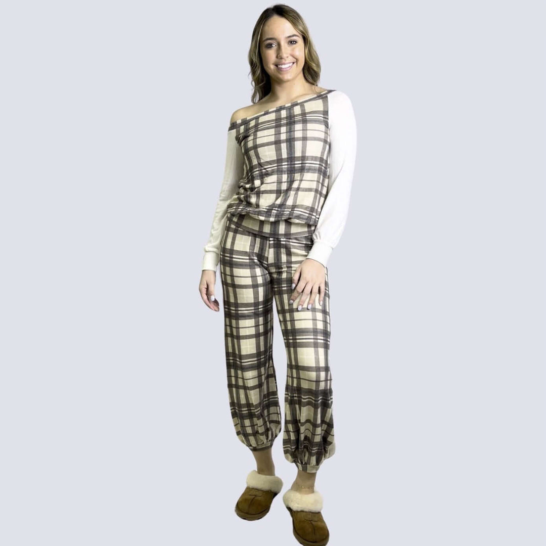 USA Made Women's Off the Shoulder Plaid Buttery Soft Brushed Hacci Pajama Set in Cream, Tan & Brown Plaid Design | Classy Cozy Cool Women's Made in America Boutique