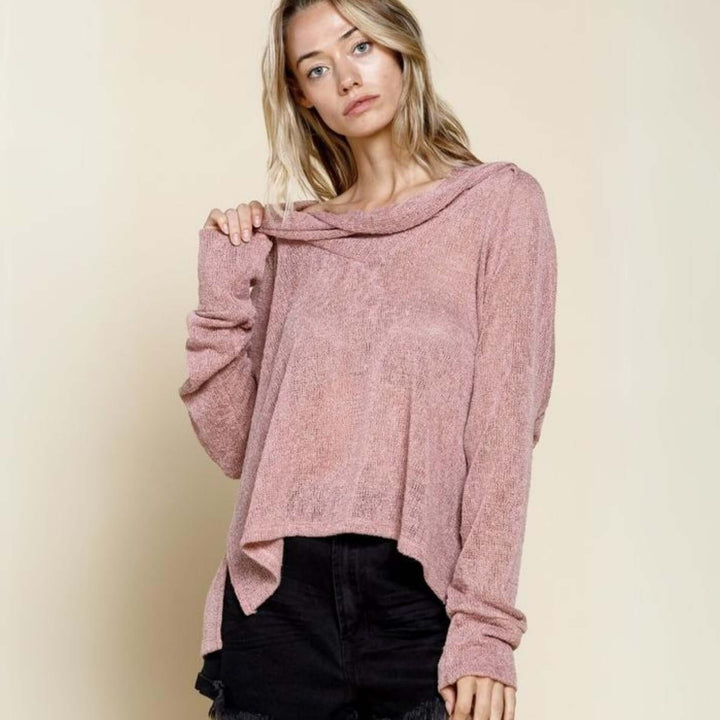 Made in USA Women's Low Gauge Sheer Lightweight Long Sleeve Slouchy Cowl Neck Knit Top in Mauve or Mocha | Classy Cozy Cool Made in America Boutique