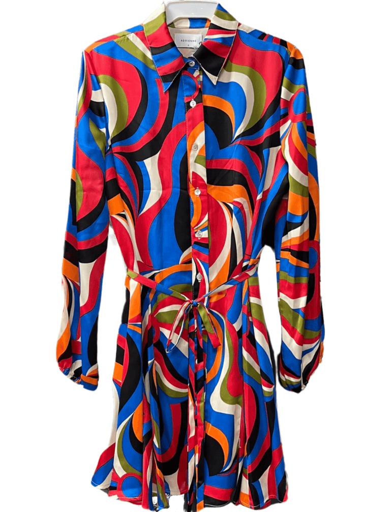 Made in USA Women's Button Down Mini Shirt Dress or Tunic with Tie Waist, Collared, Relaxed Fit, Long Sleeves, Elastic Cuffs, in a Unique Colorful Retro Pattern | Classy Cozy Cool Made in America Boutique