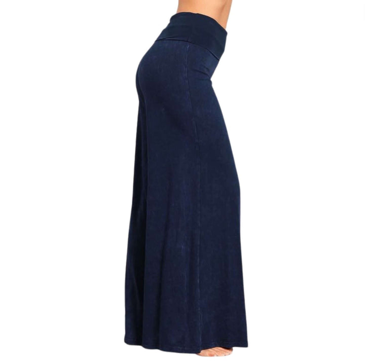 Ladies' Mineral Washed Work, Lounge, Travel Cotton Fold Over Waist Palazzo Pants in Electric Blue | Chatoyant Style# C30629 |Classy Cozy Cool Women's Made in America Clothing Boutique