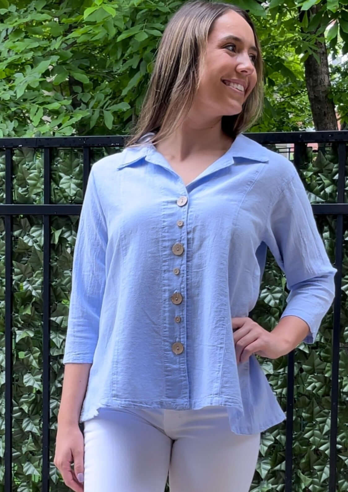 Made in USA Classy Women's 100% USA Cotton Button Down Ladies Top with Alternating Button Sizes in Serenity Blue | Classy Cozy Cool Women's Made in America Boutique