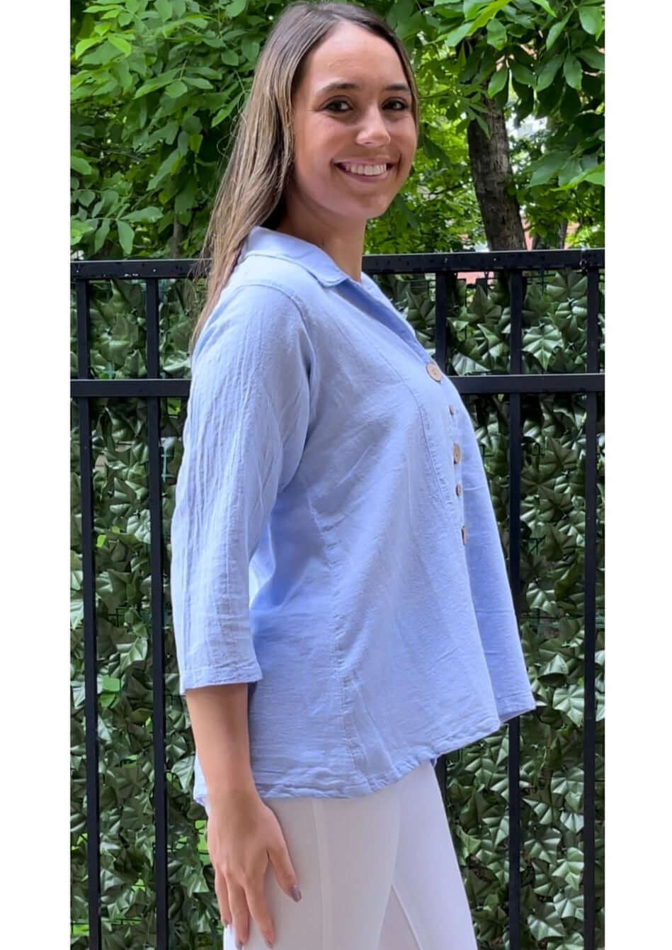 Made in USA Classy Women's 100% USA Cotton Button Down Ladies Top with Alternating Button Sizes in Serenity Blue | Classy Cozy Cool Women's Made in America Boutique