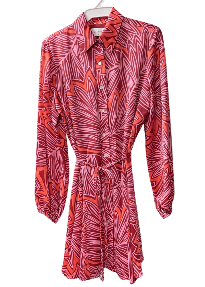 Made in USA Women's Button Down Mini Shirt Dress or Tunic with Tie Waist, Collared, Relaxed Fit, Long Sleeves, Elastic Cuffs, in a Unique Pink and Red Pattern | Classy Cozy Cool Made in America Boutique