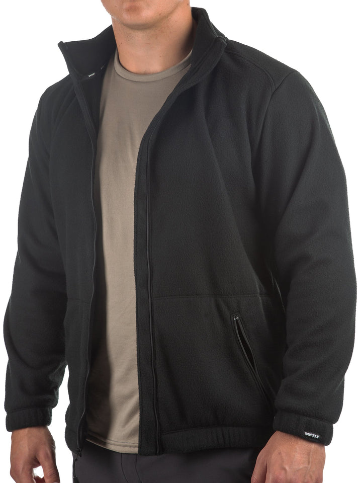 WSI Sportswear Men's Polar Fleece Full Zip Jacket in Black Made in USA, Loose fit, Mid-Outer Layer, Zippered side pockets, Full zip polar fleece, Elastic on cuffs and hem