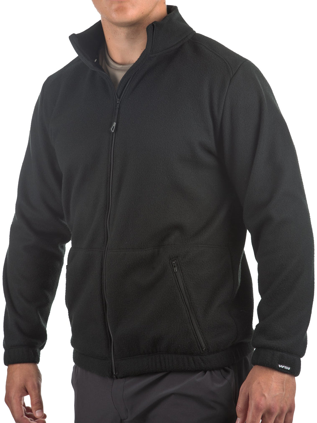 WSI Sportswear Men's Polar Fleece Full Zip Jacket in Black Made in USA, Loose fit, Mid-Outer Layer, Zippered side pockets, Full zip polar fleece, Elastic on cuffs and hem