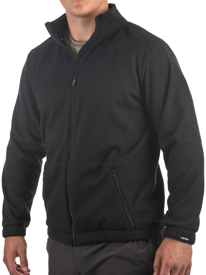 WSI Sportswear Men's Polar Fleece Full Zip Jacket in Black Made in USA, Loose fit, Mid-Outer Layer, Zippered side pockets, Full zip polar fleece, Elastic on cuffs and hem