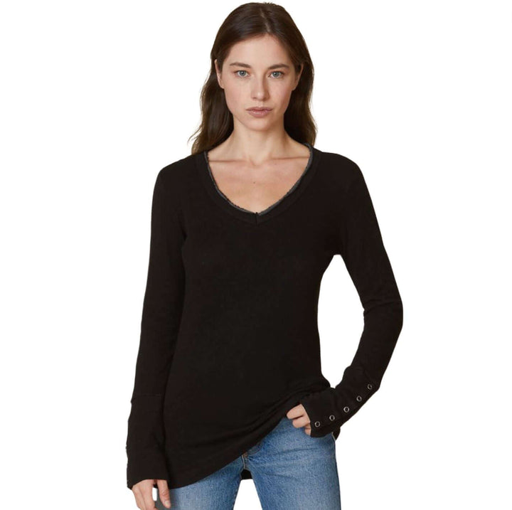 USA Made Women's Fitted Thermal Double Layer Cotton Raw Edge Long Sleeve Top With Snap Button Cuffs in Black | Classy Cozy Cool Women's Made in America Clothing Boutique