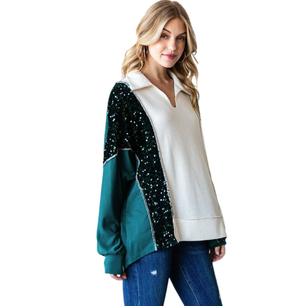 USA Made Women's V-Neck Collared Dolman Sleeves Sequins Detail Color Block Long Sleeves Pullover Style Drop Shoulder Relaxed Fit Top with Contrast Exposed Stitch in Hunter Green & Ivory