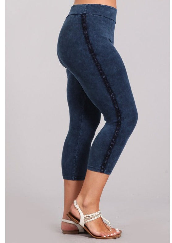 Chatoyant Mineral Washed Plus Size Capri Leggings with Crochet Lace Side Stripe in Dark Denim | Style# P30342 | Made in USA | Classy Cozy Cool American Boutique