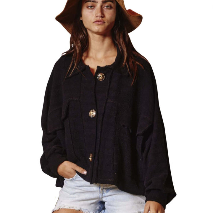 Bucket List | Style T1220 | Oversized French Terry Cotton Button Down Shacket with Stitch Detail in Black | Made in the USA | Classy Cozy Cool Women’s Clothing Boutique