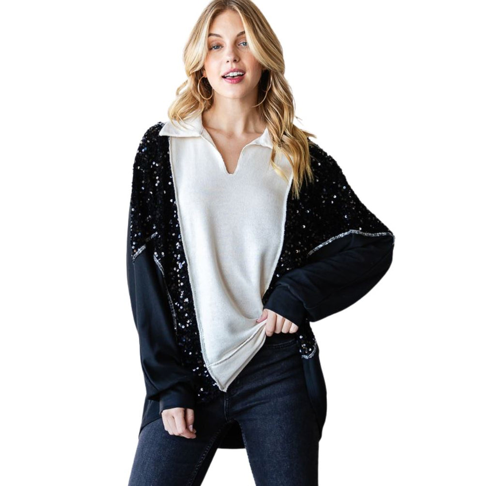 USA Made Women's V-Neck Collared Dolman Sleeves Sequins Detail Color Block Long Sleeves Pullover Style Drop Shoulder Relaxed Fit Top with Contrast Exposed Stitch in Black & Ivory
