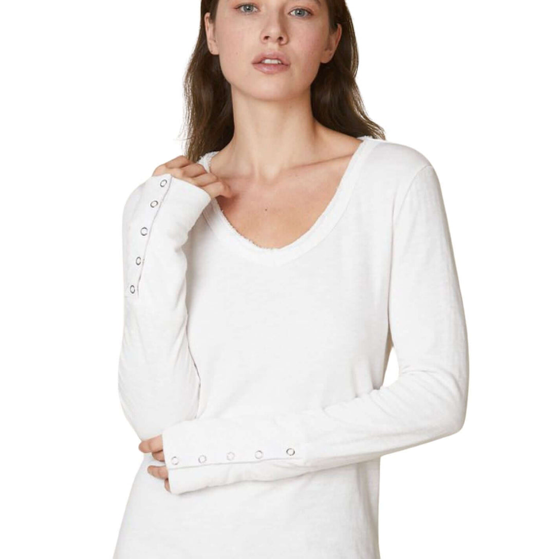 USA Made Women's Fitted Thermal Double Layer Cotton Raw Edge Long Sleeve Top With Snap Button Cuffs in White | Classy Cozy Cool Women's Made in America Clothing Boutique