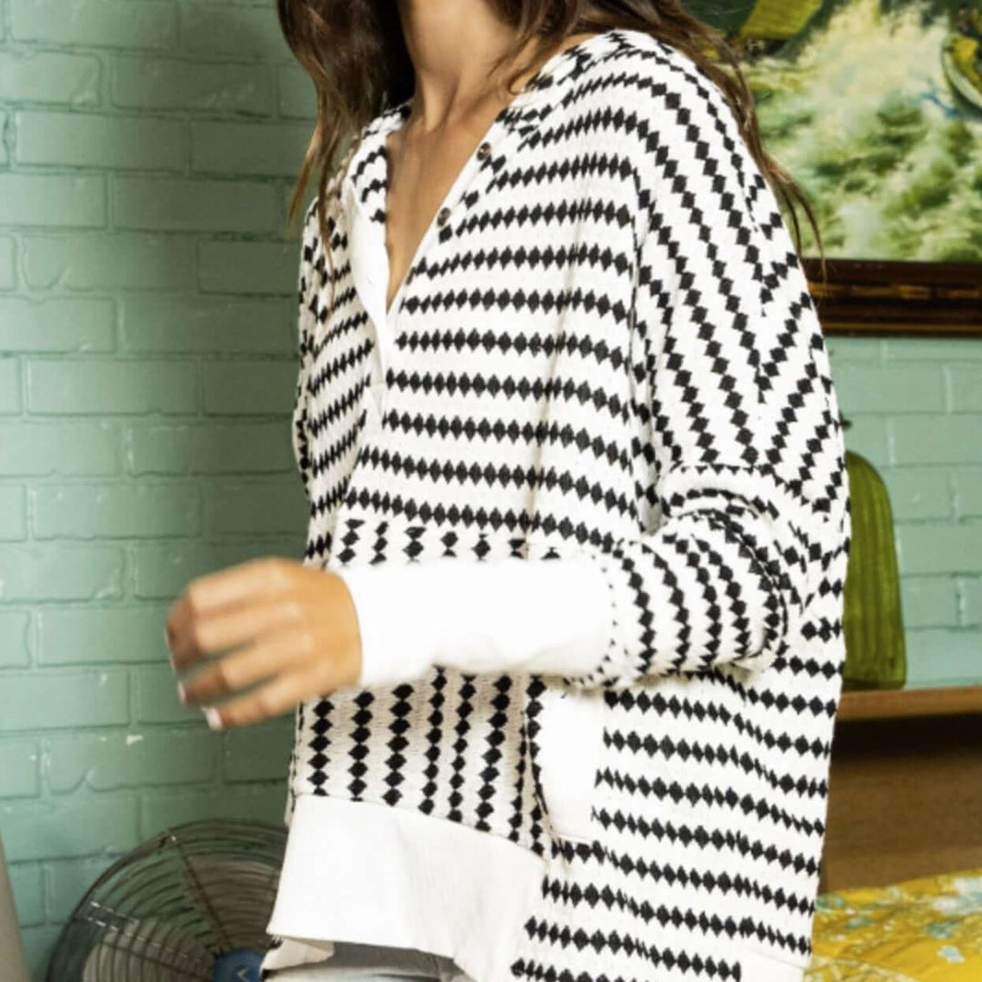 USA Made Women's Soft & Cozy Striped Yarn Dyed Knitted Oversized Hoodie with Kangaroo Pocket in Black & White | Bucket List Clothing Style T1756D