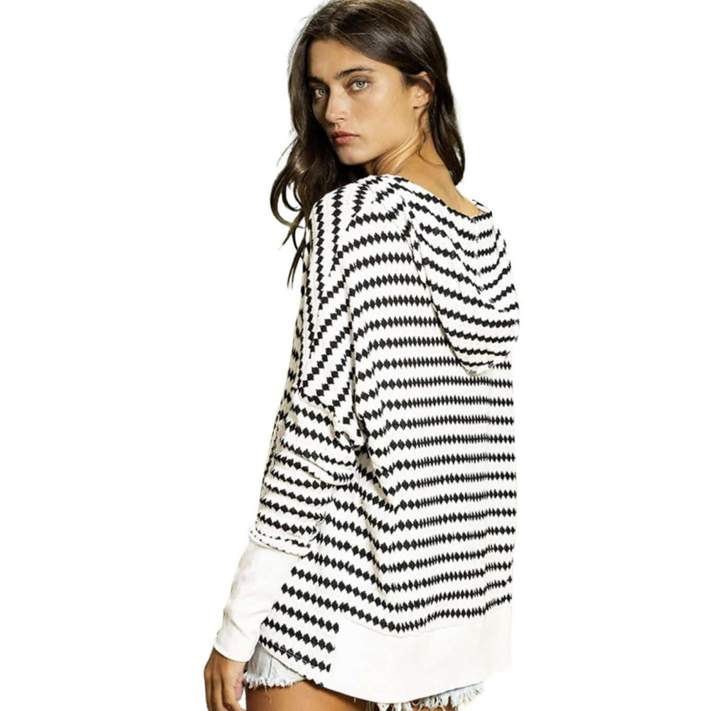 USA Made Women's Soft & Cozy Striped Yarn Dyed Knitted Oversized Hoodie with Kangaroo Pocket in Black & White | Bucket List Clothing Style T1756D