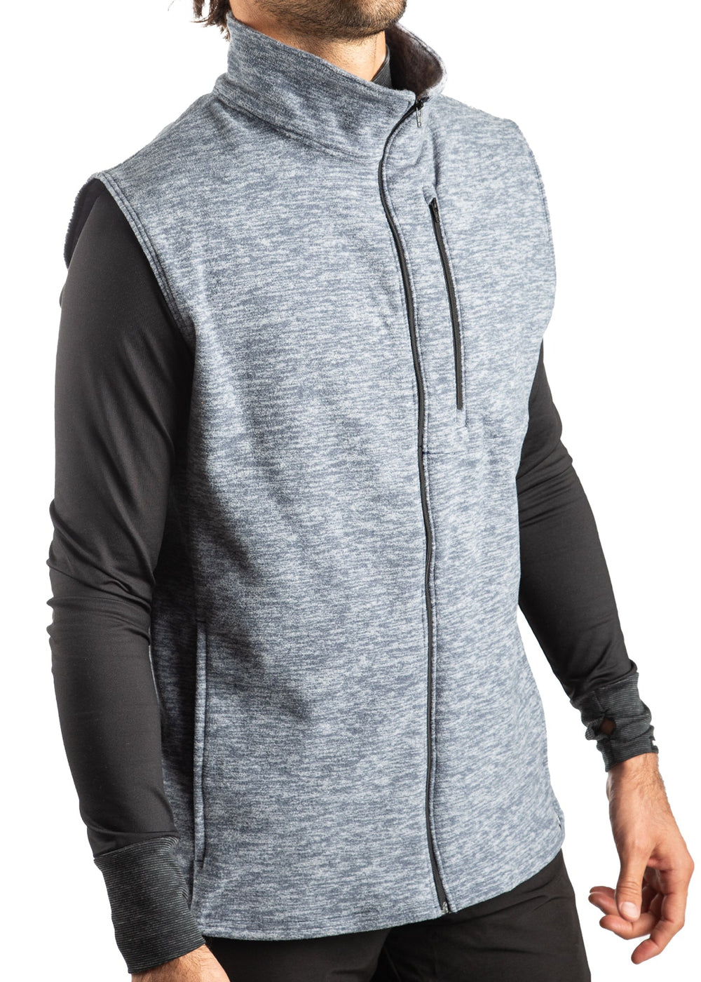 WSI Sportswear Men's Polar Fleece Full Zip Vest Made in USA, Available in Heathered Navy and Black, Relaxed fit, Mock Collar, Zippered chest pocket, Full zip 