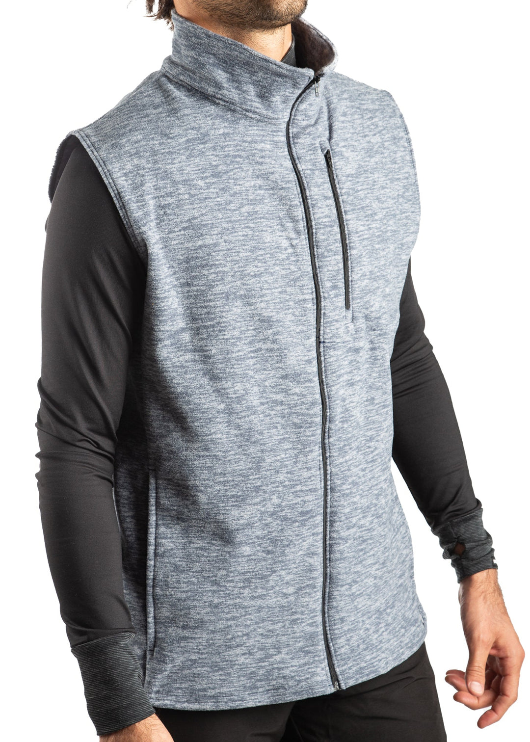 WSI Sportswear Men's Polar Fleece Full Zip Vest Made in USA, Available in Heathered Navy and Black, Relaxed fit, Mock Collar, Zippered chest pocket, Full zip 