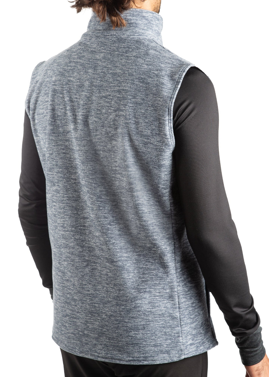 WSI Sportswear Men's Polar Fleece Full Zip Vest Made in USA, Available in Heathered Navy and Black, Relaxed fit, Mock Collar, Zippered chest pocket, Full zip 