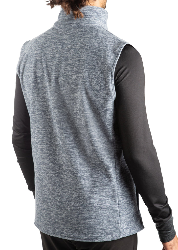 WSI Sportswear Men's Polar Fleece Full Zip Vest Made in USA, Available in Heathered Navy and Black, Relaxed fit, Mock Collar, Zippered chest pocket, Full zip 