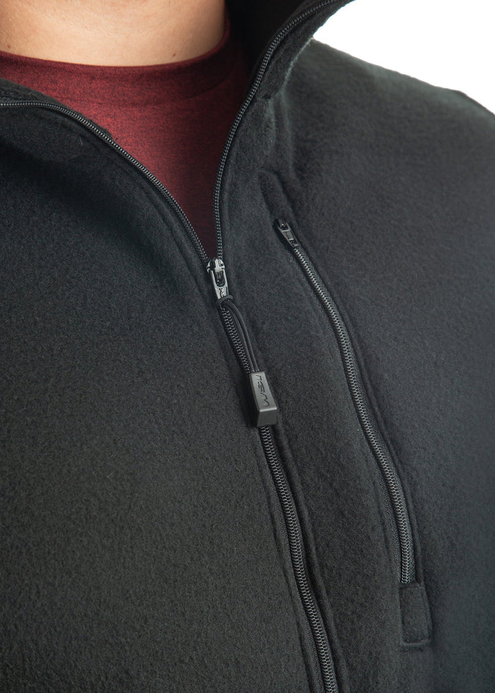 WSI Sportswear Men's Polar Fleece Full Zip Vest Made in USA, Available in Heathered Navy and Black, Relaxed fit, Mock Collar, Zippered chest pocket, Full zip 
