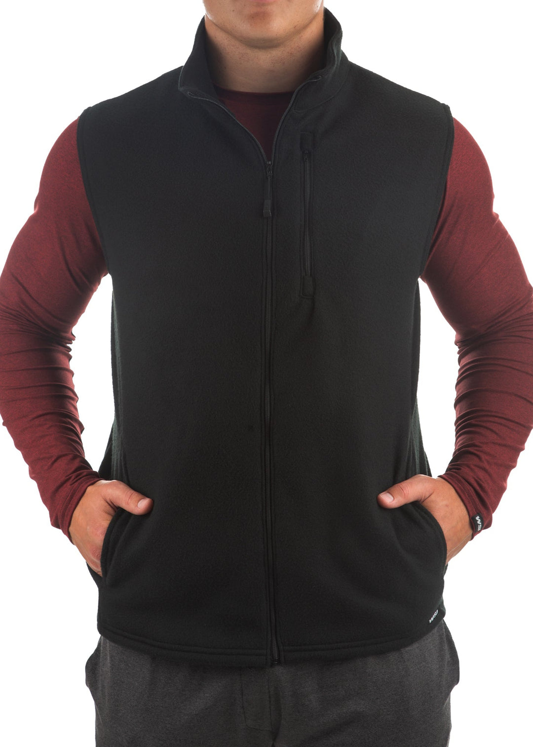 WSI Sportswear Men's Polar Fleece Full Zip Vest Made in USA, Available in Heathered Navy and Black, Relaxed fit, Mock Collar, Zippered chest pocket, Full zip 
