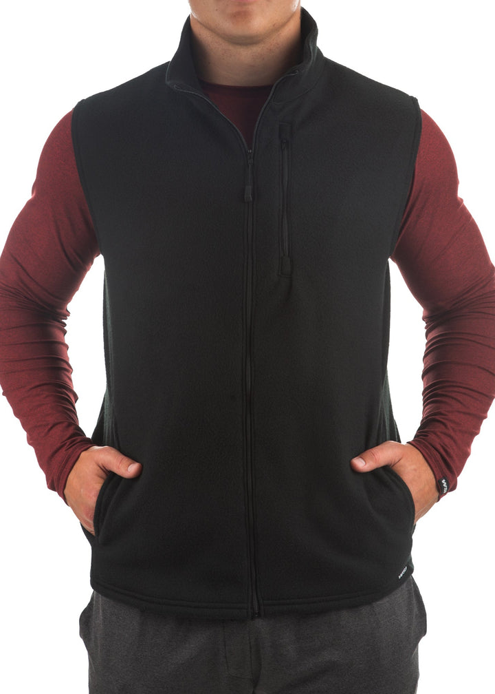 WSI Sportswear Men's Polar Fleece Full Zip Vest Made in USA, Available in Heathered Navy and Black, Relaxed fit, Mock Collar, Zippered chest pocket, Full zip 