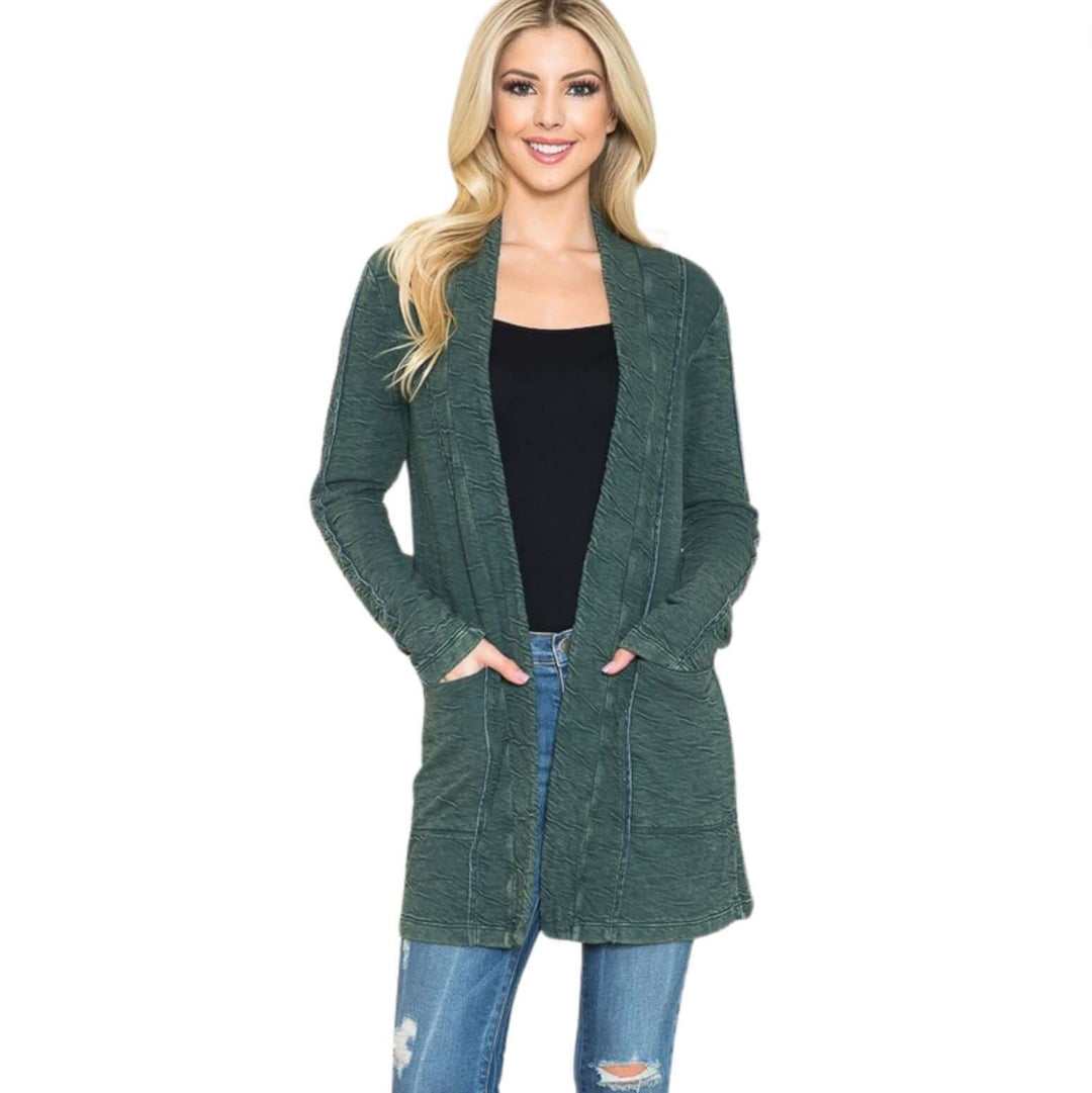 USA Made Women's Garment Dyed Vintage Washed Open Front Textured Cardigan in Hunter Green | American Able Style# 418108 | Classy Cozy Cool Made in America Clothing Boutique