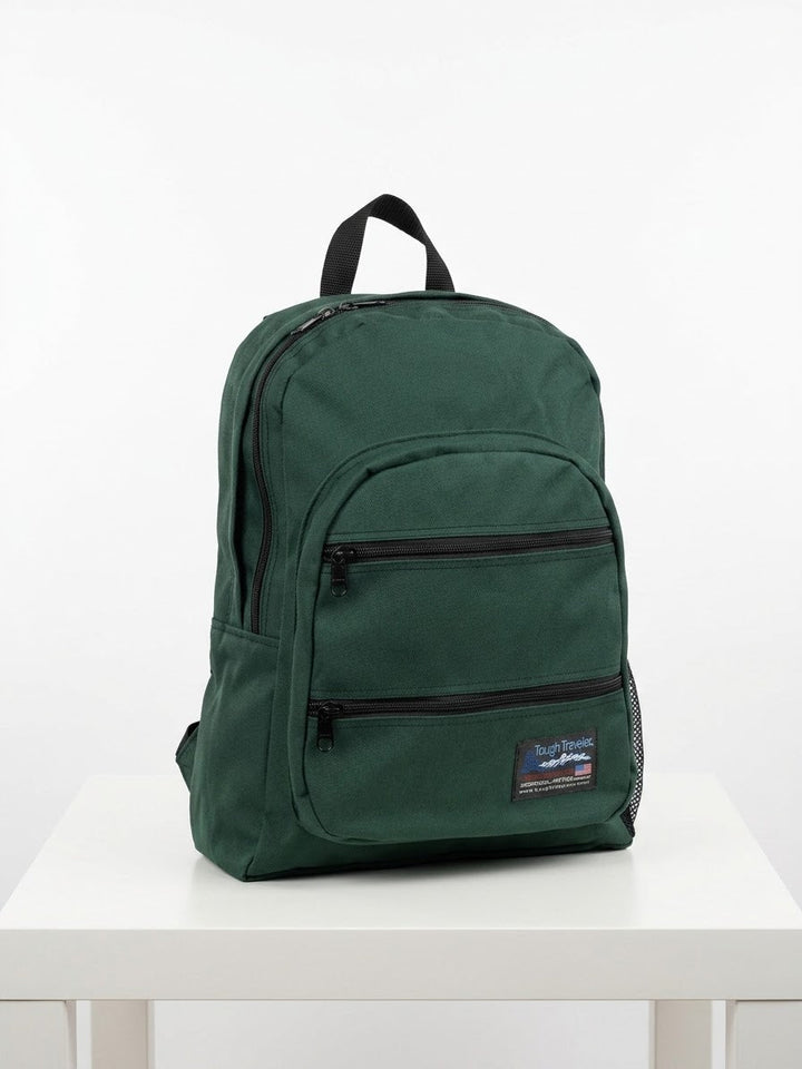 Made in USA, dark green large backpack with two zippered front pockets and top handle