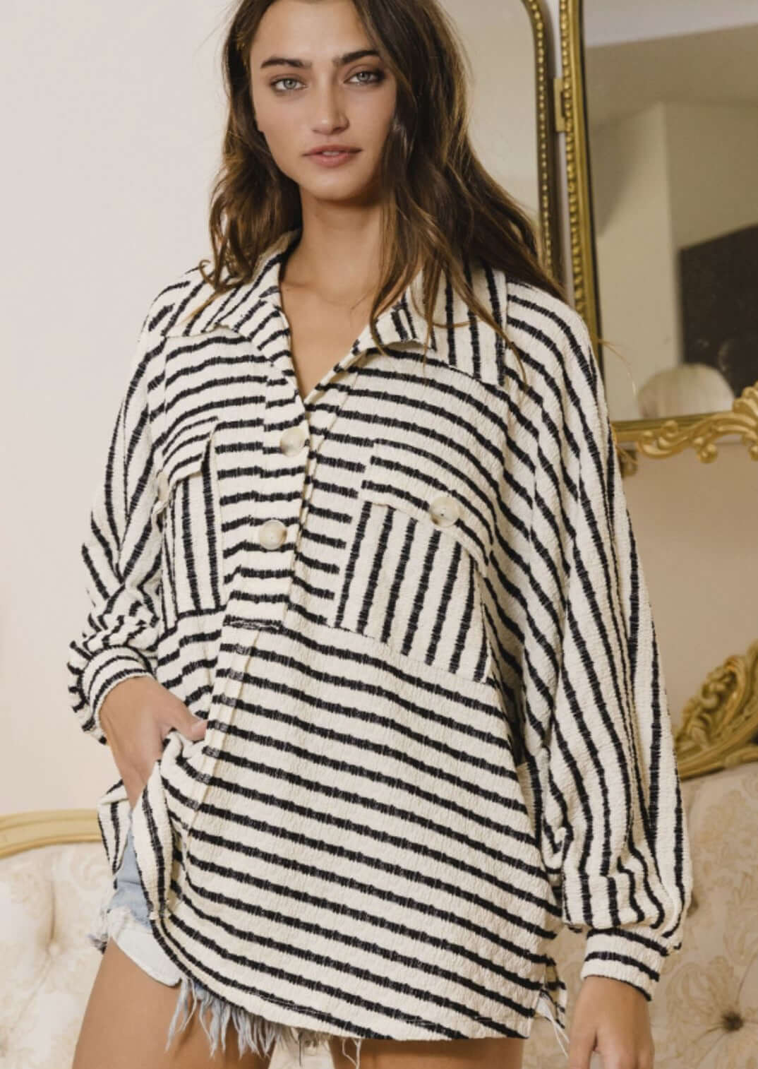 Ladies Cotton Oversized Cotton Blend Striped Henley With Contrast Detail and Large Front Pockets in Black and White  | Made in USA | Bucket List Clothing Style# T1578