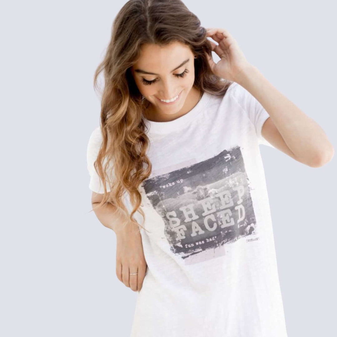 Sleepaholik Ladies Sheep Faced Graphic Lounge & Sleep Tee. Proudly made in USA with Cotton Made in the USA. Classy Cozy Cool Women's Made in America Boutiqu