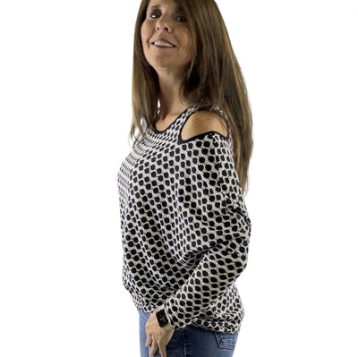 USA Made Ladies' Stylish Cold Shoulder Black & White Dolman Loosely Woven Dolman Top | Classy Cozy Cool Women's Made in America Clothing Boutique
