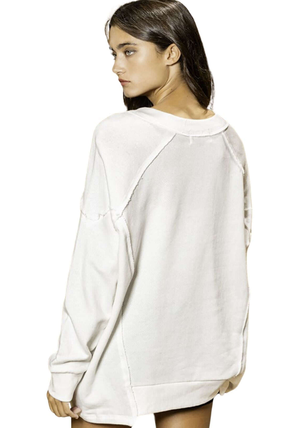USA Made Women's Oversized Drop Shoulder Cut Out Hem Sweatshirt with Raw Edge Detail in White | Bucket List Clothing Style T2060 | Classy Cozy Cool Made in America Boutique