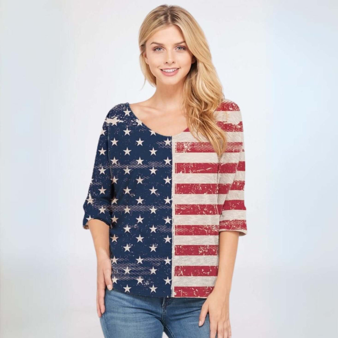 4th of July USA Made Ladies V-Neck Distressed Patriotic Stars & Stripes Dolman Sleeve Top | Made in USA | Classy Cozy Cool Women's American Clothing Boutique