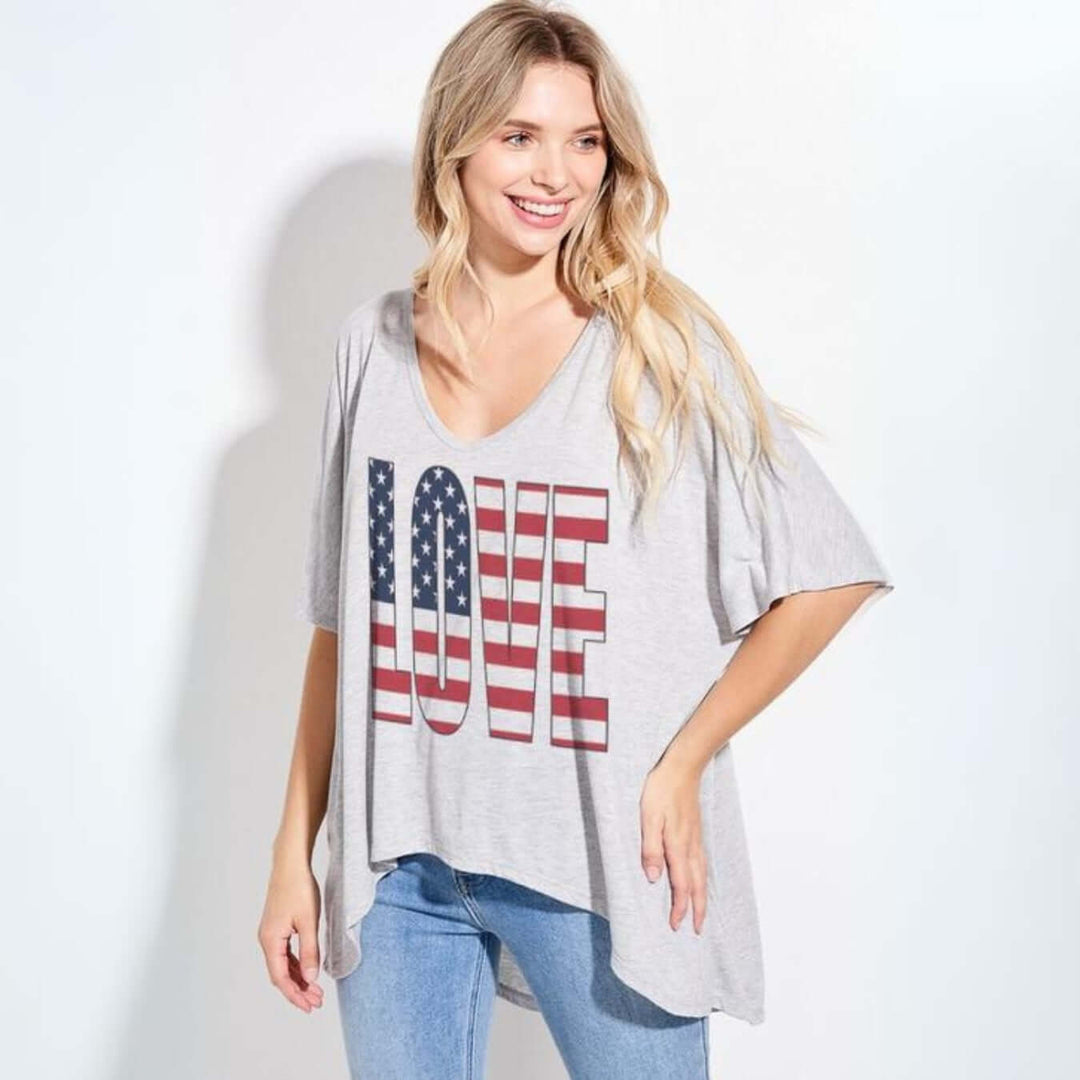 Women's LOVE Graphic with American Flag Stars and Stripes Print Loose Fit V-Neck T-Shirt   | Made in USA | Classy Cozy Cool Made in America Boutique