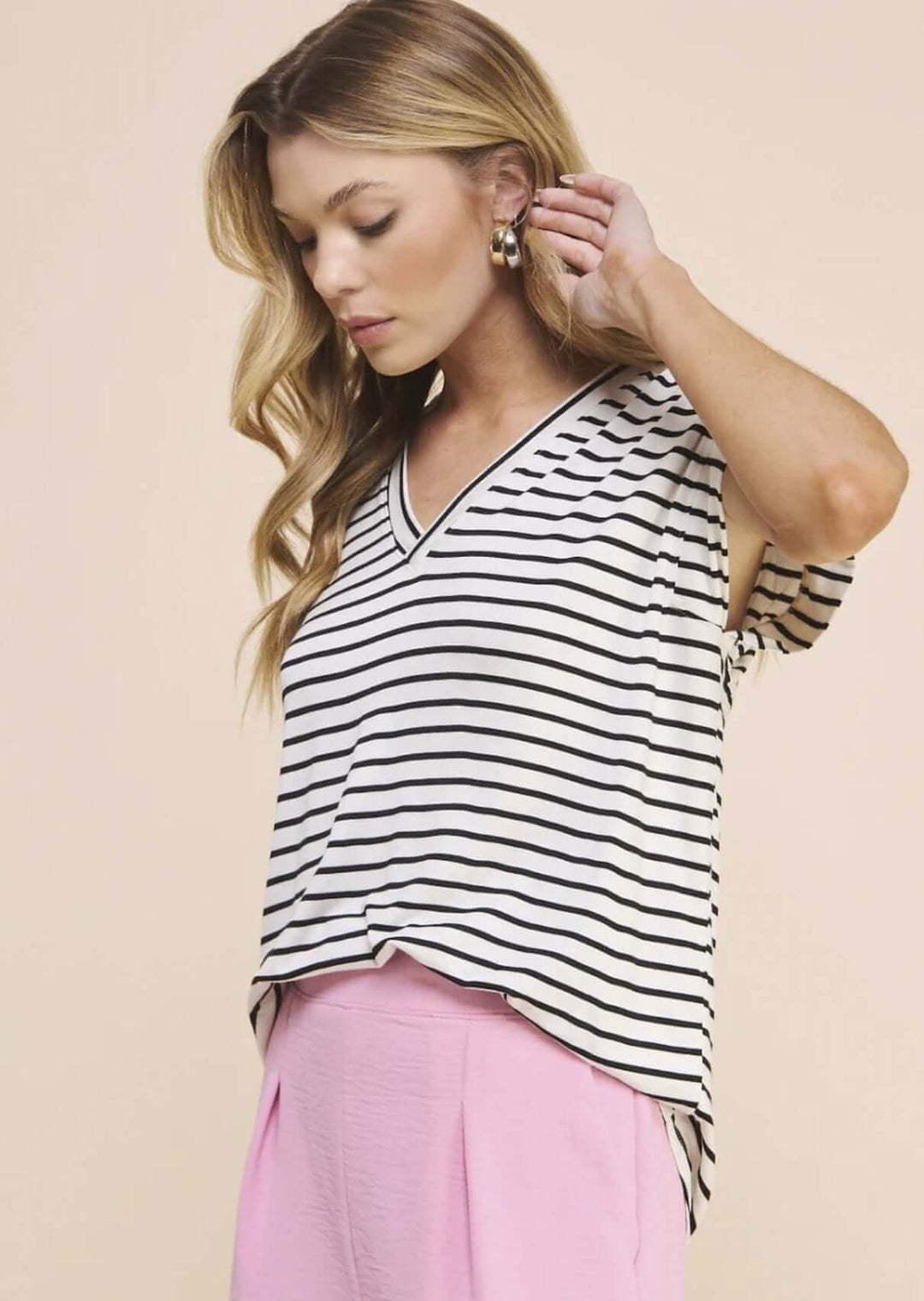 USA Made Women's Super Soft Striped V-Neck Relaxed Fit Tee in Black & White Stripes   | Classy Cozy Cool Made in America Clothing Boutique