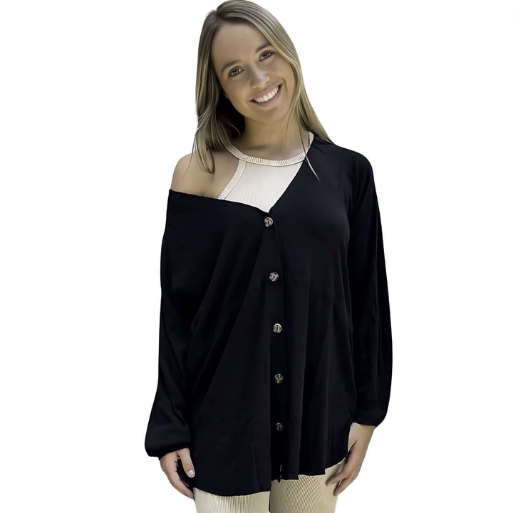 USA Made Women's Long Line Slouchy Cotton & Modal Lightweight Cardigan in Black | Classy Cozy Cool Ladies Made in America Clothing Boutique