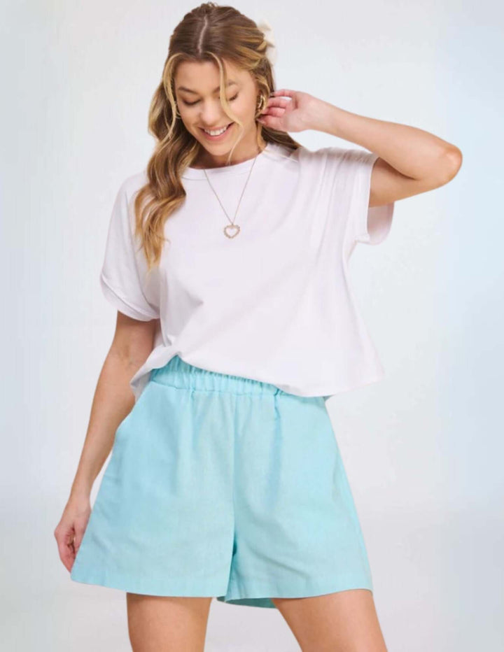 USA Made Women's Amari Linen Blend Walking Shorts in Aqua Blue  | Classy Cozy Cool Made in America Clothing Boutique