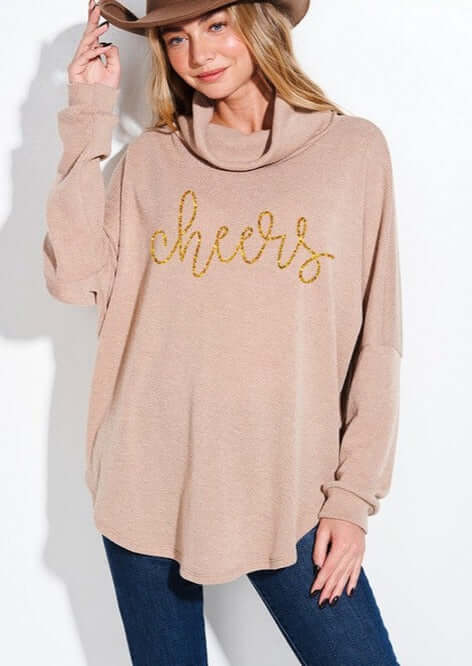 USA Made Women's Lightweight Graphic "Cheers" Glitter Cowl Neck Top in Taupe with Gold Glitter | Perfect for Holiday Party | Classy Cozy Cool Women's Made in America Clothing Boutique