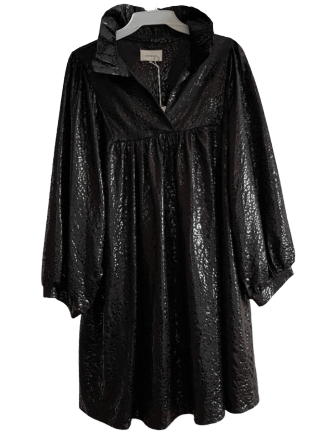 Made in USA Women's Faux Leather Black Cat Embossed Mini Dress, Can be Worn as a Tunic, V-Neck, Stand Collar, Fully Lined, Oversized Fit | Classy Cozy Cool Made in America Boutique