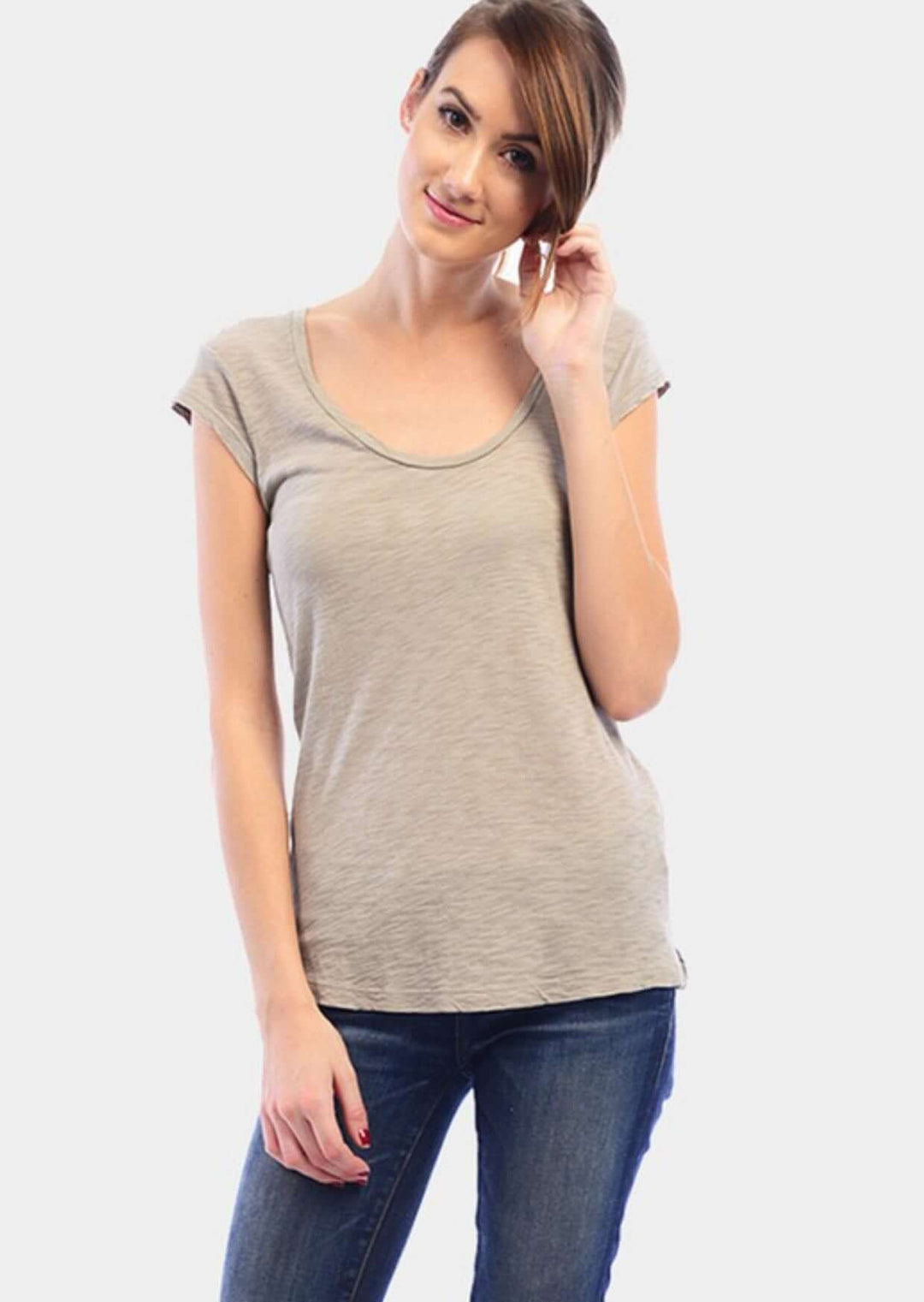 Made in USA Women's Scoop Neck Basic Garment Dyed Cotton Tee T-Shirt with Shirring at Shoulder in Taupe | Classy Cozy Cool Made in America Boutique