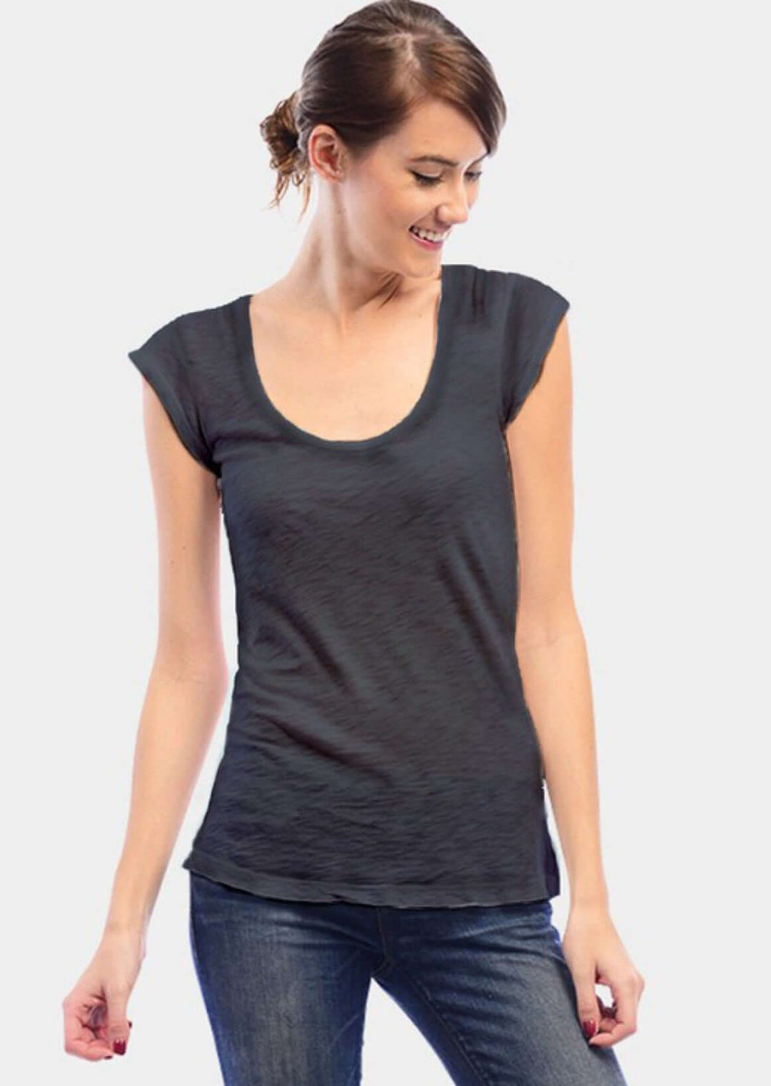 Made in USA Women's Scoop Neck Basic Garment Dyed Cotton Tee T-Shirt with Shirring at Shoulder in Dark Grey | Classy Cozy Cool Made in America Boutique