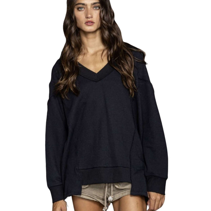USA Made Women's Oversized Drop Shoulder Cut Out Hem Sweatshirt with Raw Edge Detail in Black | Bucket List Clothing Style T2060 | Classy Cozy Cool Made in America Boutique