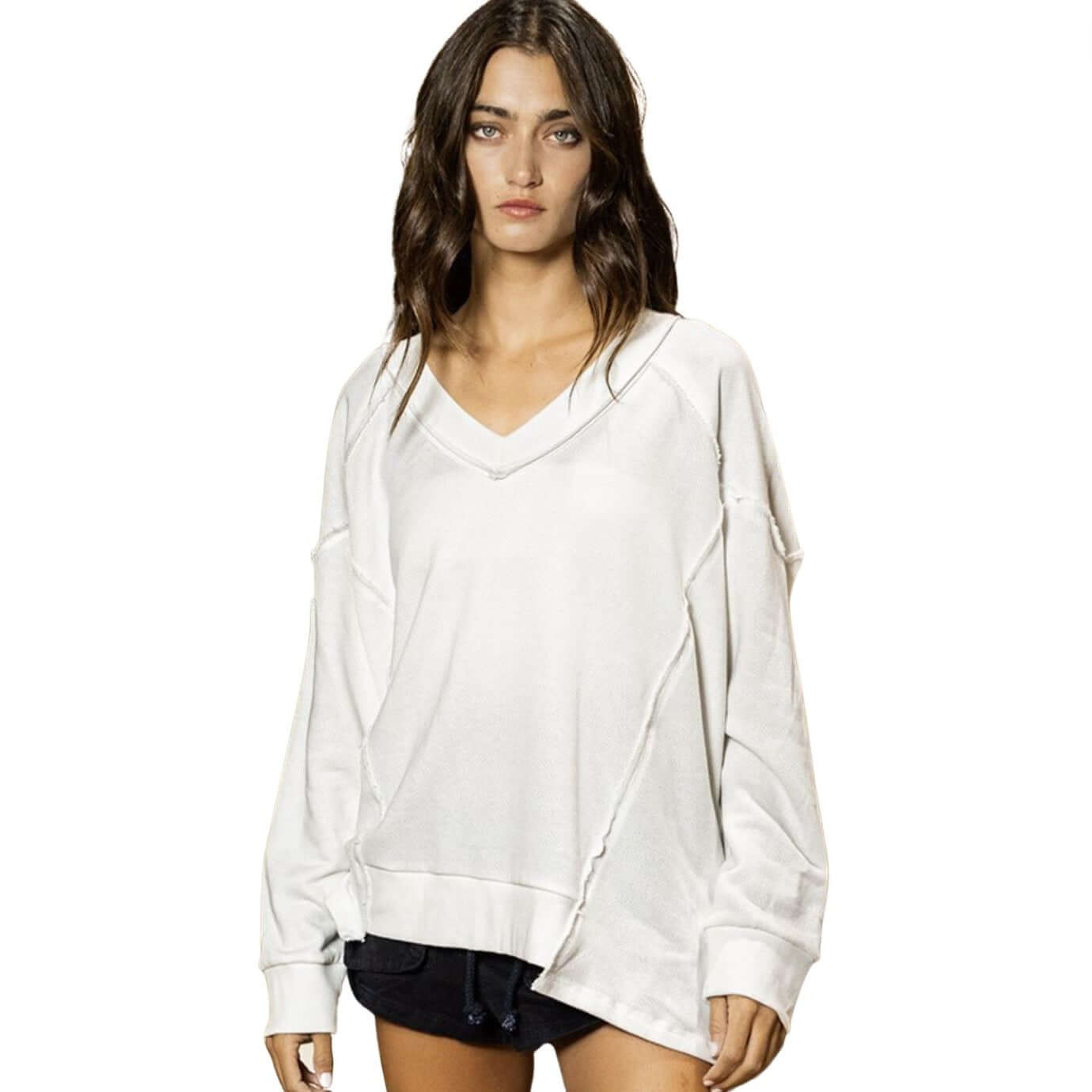 USA Made Women's Oversized Drop Shoulder Cut Out Hem Sweatshirt with Raw Edge Detail in White | Bucket List Clothing Style T2060 | Classy Cozy Cool Made in America Boutique