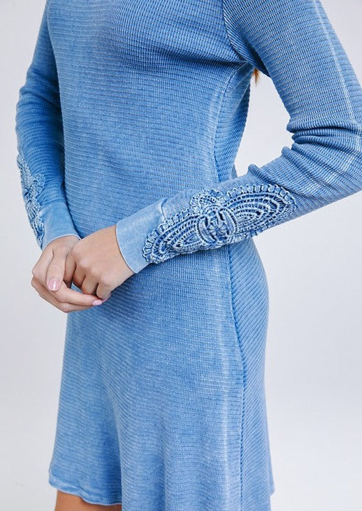 USA Made Ladies Vintage Textured Thermal Crochet Cuff Long Sleeve Cotton Blend Mini Dress in Chambray Blue | Classy Cozy Cool Women's Made in America Clothing Boutique