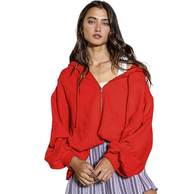 Bucket List Clothing Style# T1173 | Ladies Cotton French Terry Half Zip Oversized Pullover Hoodie Large Pockets in Black, Cream or Red | Made in USA