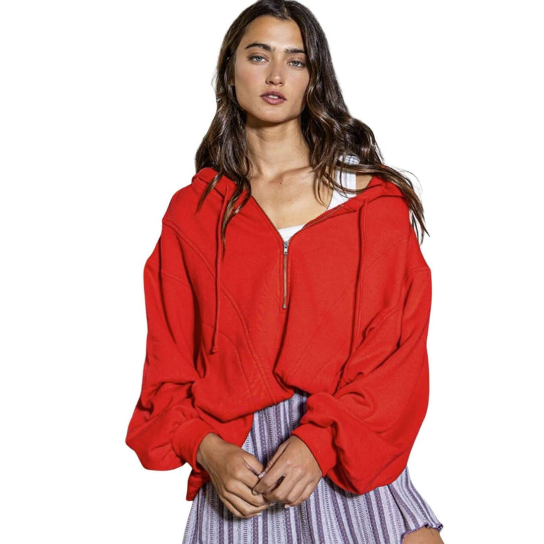 Bucket List Clothing Style# T1173 | Ladies Cotton French Terry Half Zip Oversized Pullover Hoodie Large Pockets in Red | Made in USA